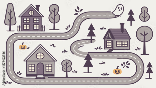 Illustration of a halloween themed neighborhood with houses trees pumpkins ghost and a winding road design