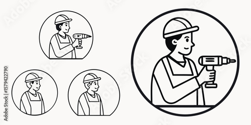 Worker holding power drill construction hard hat
