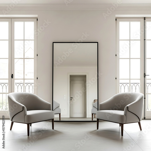 Elegant living room design featuring modern armchairs, minimalist mirror, and bright windows in a light-toned interior setting.