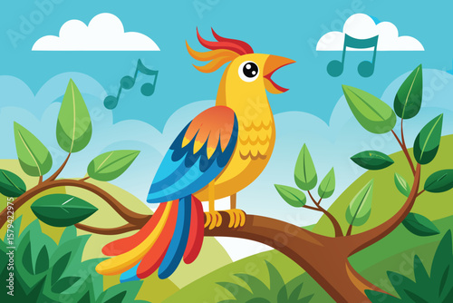 Colorful parrot perched on a tropical tree branch, a cute cartoon illustration of a jungle bird in nature