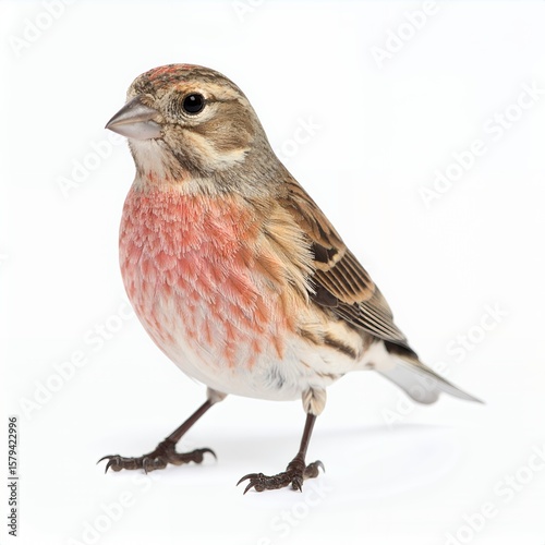 Isolated linnet portrait, captivating crimson chest, intricate feather details on white background