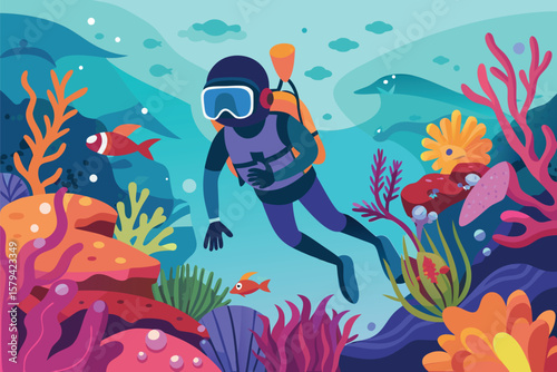Tropical blue ocean coral reef with colorful fish swimming through vibrant underwater nature