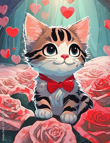 An adorable cartoon kitten with big sparkling eyes, soft fur, and a red bow tie sits surrounded by romantic pink roses and floating hearts