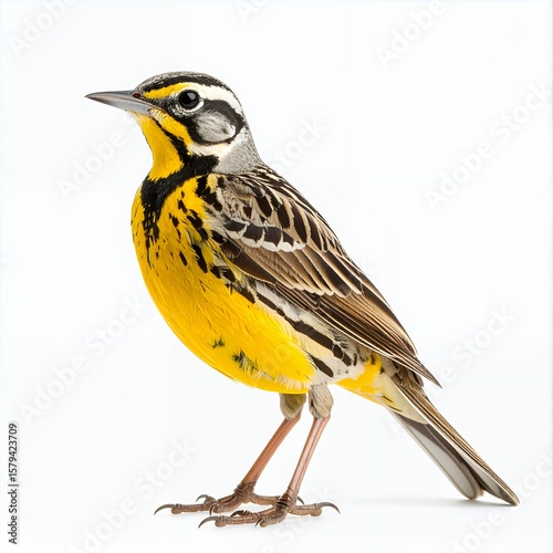 Vibrant meadowlark stands out with bright yellow plumage on pristine backdrop on white background