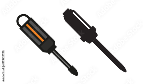 Two stylized flat icon screwdrivers with black handles and metal shafts