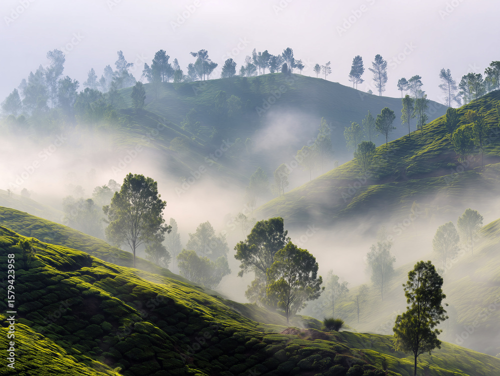 Fototapeta premium Tea plantation hills in the morning mist
