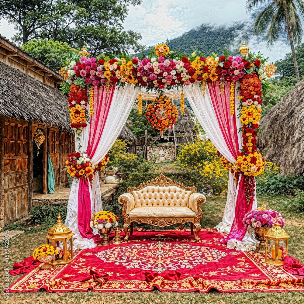 Fototapeta premium Romantic Outdoor Wedding Ceremony with Floral Arch and Drapes