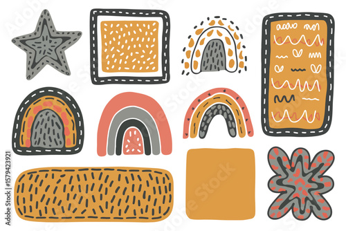 A colorful, ornate set of vector icons featuring Christmas trees and decorations in an ethnic pattern for window frame design