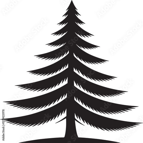 A silhouette illustration of a coniferous tree with a pointed top on a white background space filler