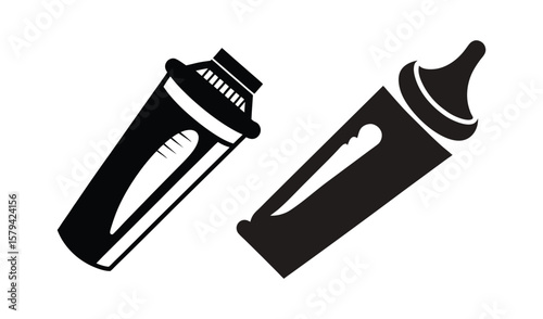 Two black silhouette icons of baby bottles with nipple and measurement markings