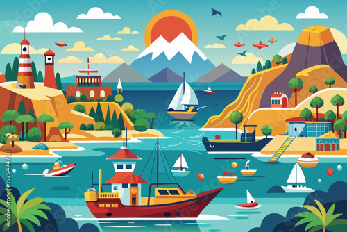 Coastal travel vector: boat or ship sailing on the summer ocean waves near a sandy beach