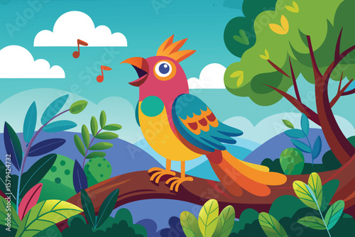 Colorful tropical parrots on a leafy jungle branch