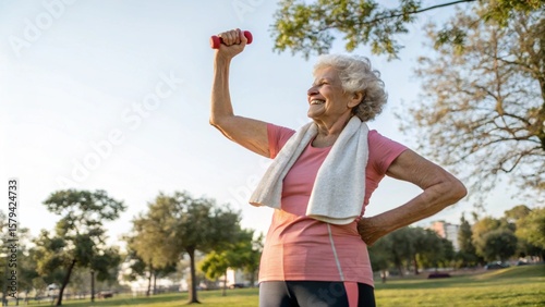 Elderly woman celebrates her fitness achievements by flaunting her bicep outdoors
