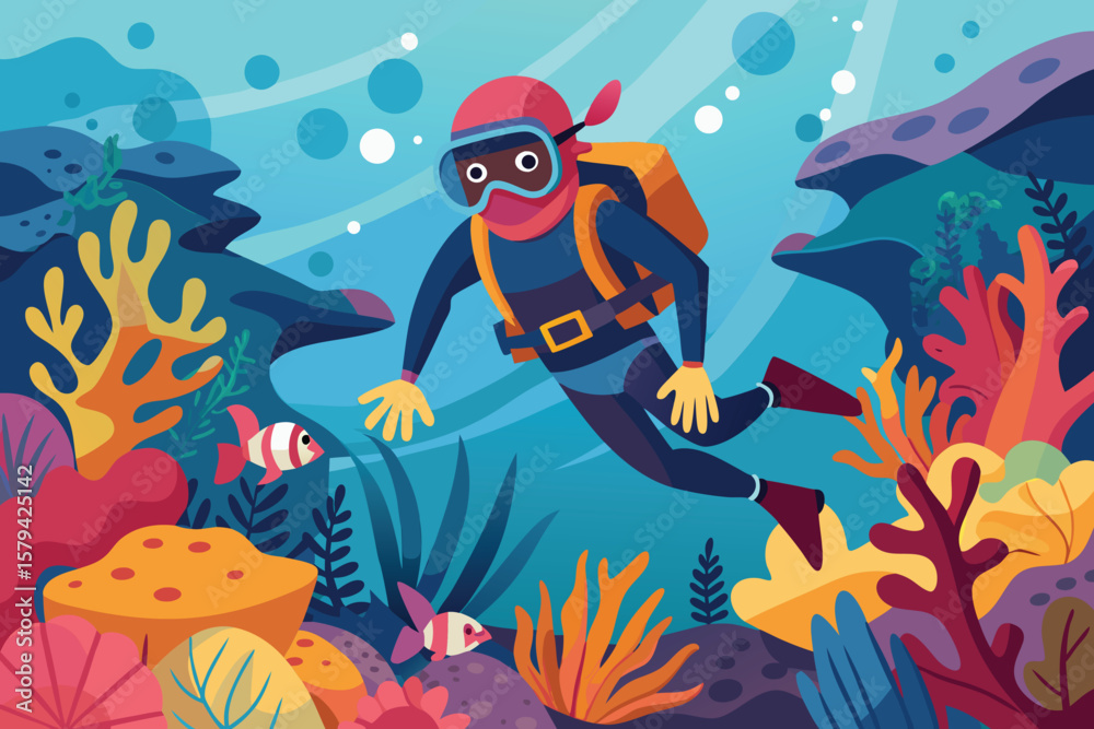 Fototapeta premium Here's a cute cartoon fish vector illustration, a seamless ocean pattern of funny marine animals and tropical underwater life