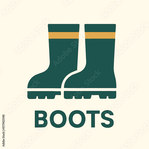 Green rubber boots with yellow stripes on neutral background  