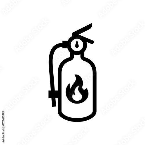 Simple black and white fire extinguisher graphic with a flame inside, useful for safety signs or emergency equipment resources.