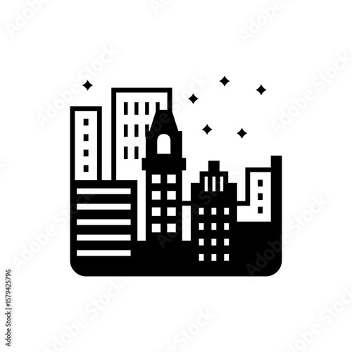 A minimalist cityscape design shows various buildings under a night sky, suitable for urban planning or architectural branding.