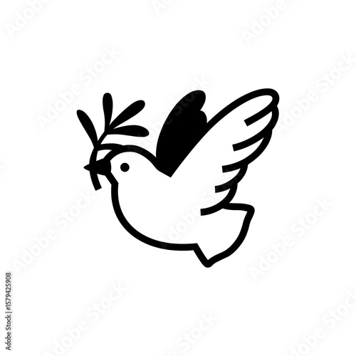 Graceful dove carrying an olive branch symbolizes peace, freedom, and hope in this minimalist graphic, ideal for various design projects.
