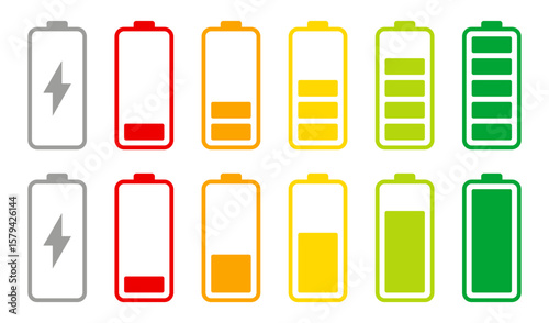 Battery level indicators. Colorful battery charge level icons. Battery power level pictograms in outline style. Vector
