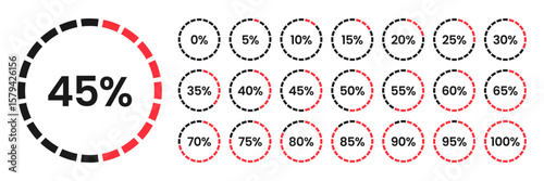 Set of round percentage diagrams with a scale from 0 to 100 percent. Pie chart of percentages for infographic and UI. Progress, download, and upload, percentage meter with scale from 0 to 100. Vector