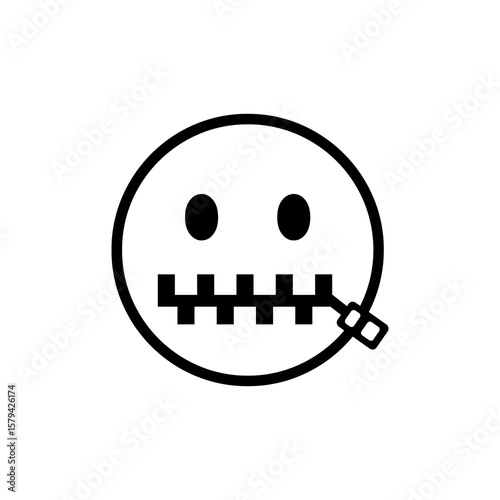 A minimalist zipped mouth emoticon shows silence, ideal for social media and expressing privacy concepts with its clean, scalable lines.