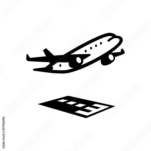 Airplane graphic shows a jet taking off from a runway, perfect for aviation themes and transportation projects, useful in travel designs.