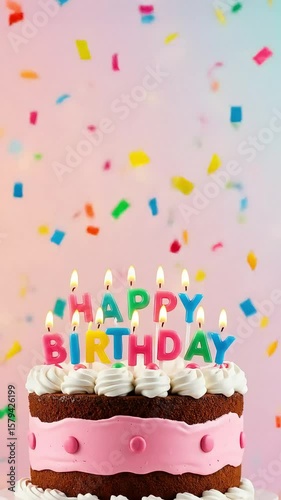 A vibrant horizontal banner featuring a whimsical birthday cake with colorful candles spelling out Happy Birthday. The background is a soft pastel gradient with confetti floating around.
