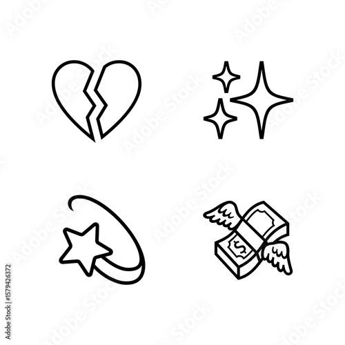 Expressive line art features a broken heart, shining stars, orbiting star, and flying money, suited for creative designs.