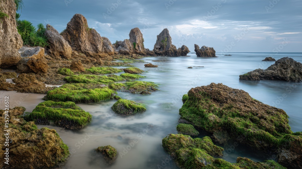 Fototapeta premium A tranquil shoreline features unique rock formations covered in vibrant green moss. The calm waters reflect the moody sky, showcasing a serene atmosphere at dusk near the ocean