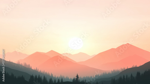 Silhouettes of overlapping hills and pine trees in soft golden and pink hues during serene sunrise, creating tranquil and dreamy atmosphere