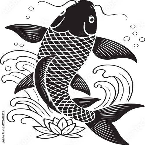 Black and white illustration of a koi fish with lotus flower and water bubbles design element