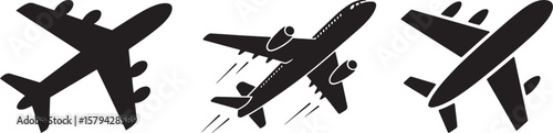 Flying Airplane Vector Icon set – Black and White Jet Plane Silhouette Illustration