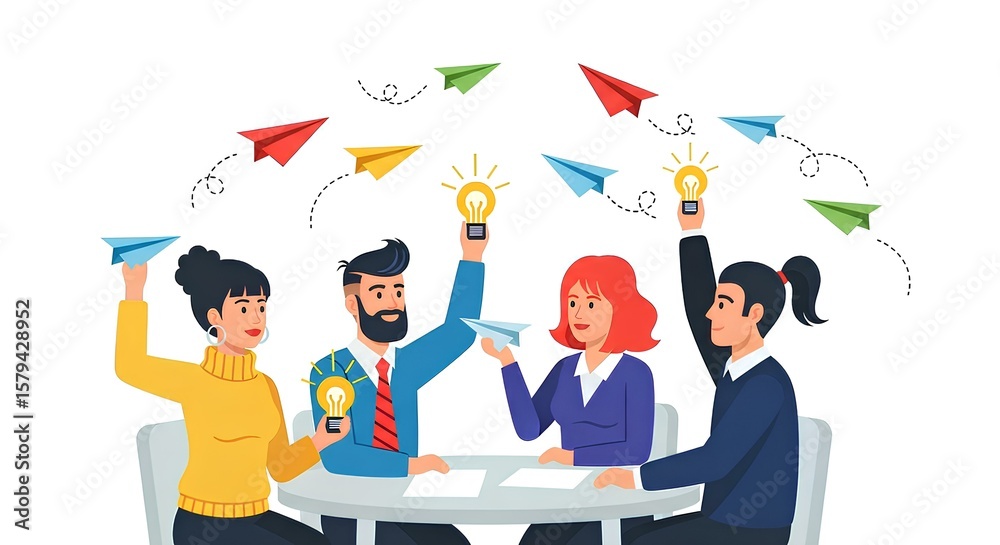 Obraz premium Flat design of creative team around table with flying paper planes, innovative idea exchange, group creativity, concept development session, business imagination scene