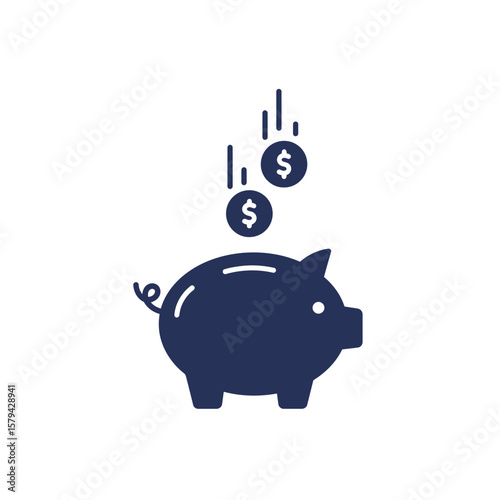 Piggy bank with dollar coins falling inside in graphic style  