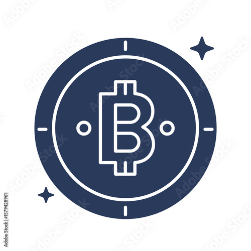 Bitcoin cryptocurrency logo in blue color with star accents  