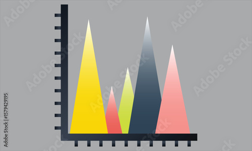 Colorful vector analytics graph with sharp triangular peaks in yellow pink gray and black on a grid axis representing data analysis statistics and business performance Ideal for reports dashb