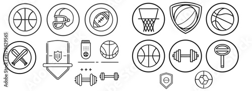 Minimalist sports icon collection in outline style featuring various athletic gear and sports equipment for use in fitness, training, and digital designs