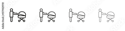 Woman with Baby Stroller icons in minimalistic thin line strokes designs