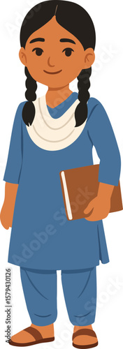 A cheerful schoolgirl with braided hair stands holding a book, dressed in a traditional blue salwar kameez with a white scarf.