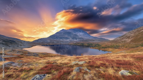 Serene alpine lake reflects vibrant twilight sky with dramatic clouds, surrounded by rugged mountains and golden autumn grass, creating tranquil and moody atmosphere