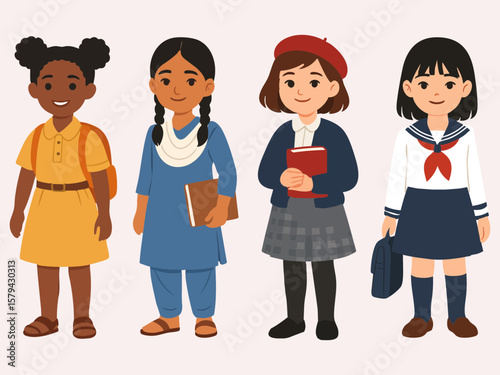 Four schoolgirls from different cultural backgrounds stand side by side, each wearing a distinct traditional or regional school uniform.