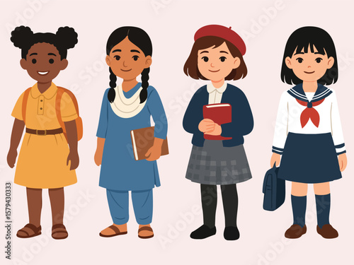 Four schoolgirls from different cultural backgrounds stand side by side, each wearing a distinct traditional or regional school uniform.