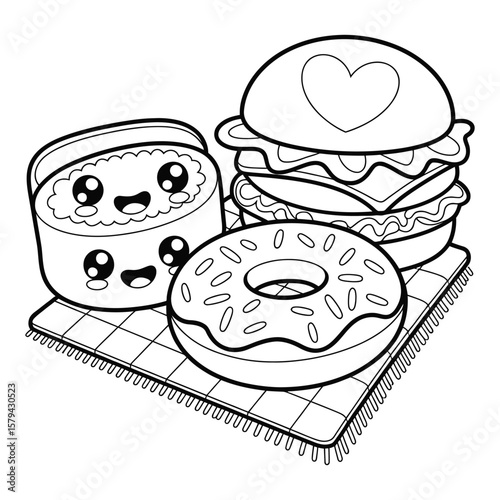 Cute kawaii food coloring page featuring smiling sushi, burger, and donut characters