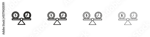 Time and money compare scale icons in minimalistic thin line strokes designs