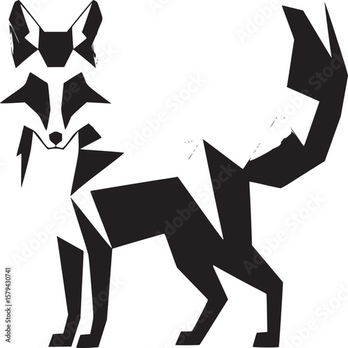 Geometric fox illustration with orange red and purple triangles on a white background design art