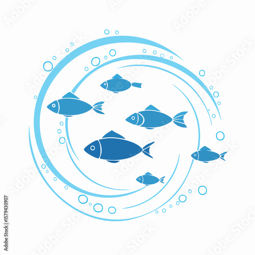 Circular Design of Blue Fish in a Watery Vortex