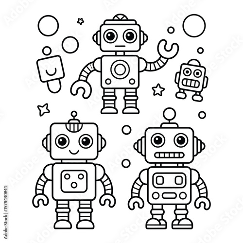 Robot characters for kids’ coloring book with simple and bold lines for easy coloring