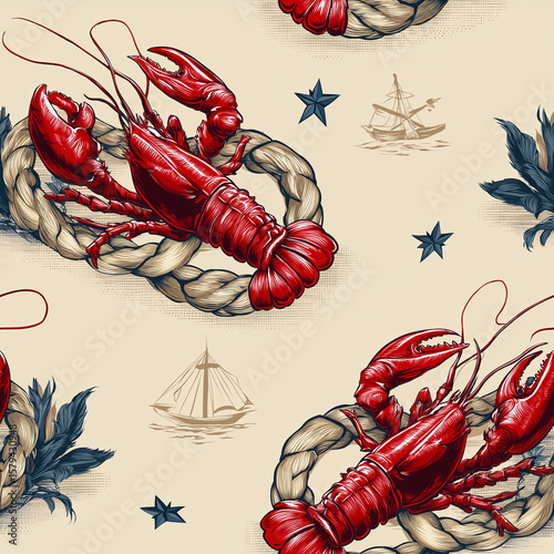 Nautical themed pattern with lobsters, ropes, and ships