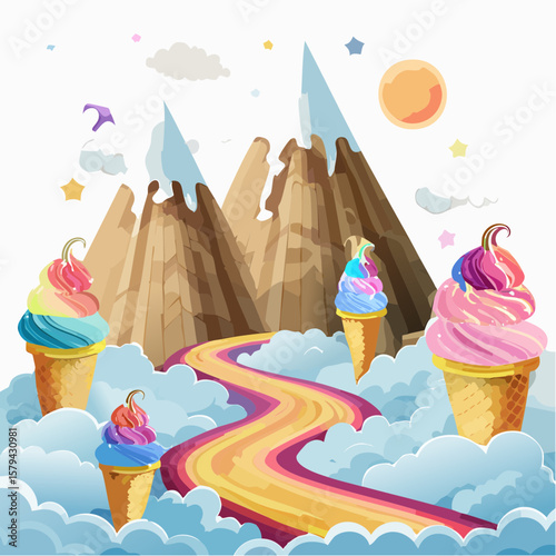 Colorful Ice Cream Cones on a Whimsical Rainbow Path Through Mountains