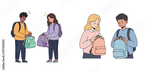 Students comparing colorful backpacks while smiling together  no background, isolated set